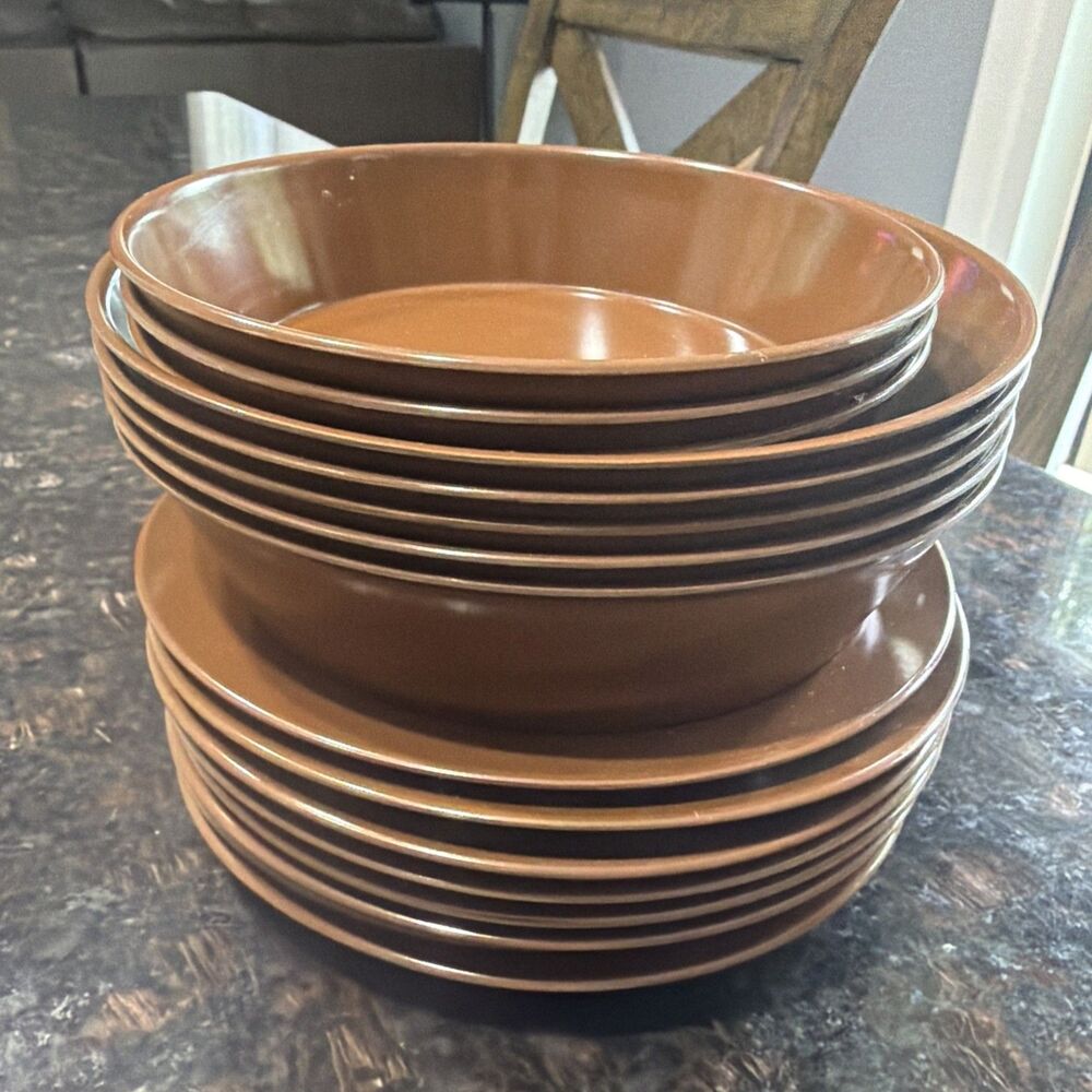 Vintage Brown Melamine Plates & Bowl Set
